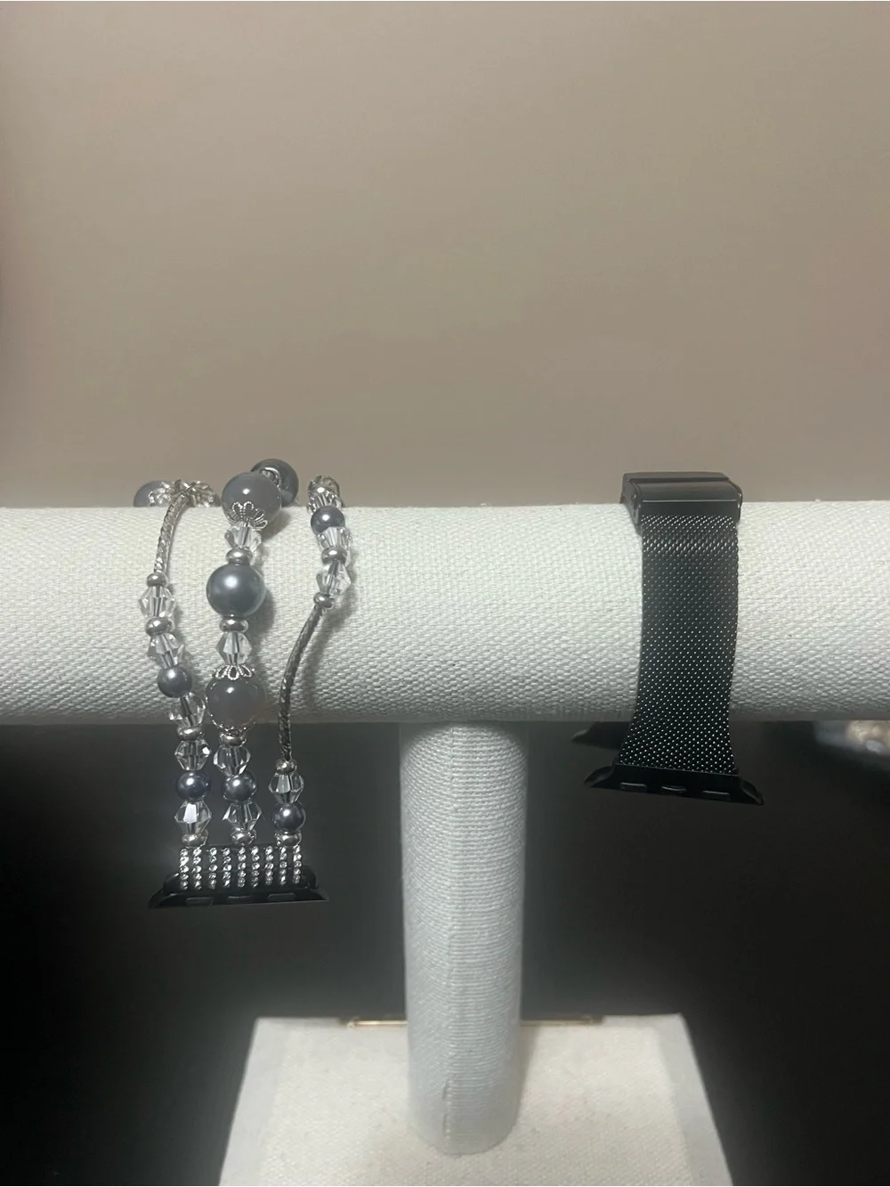 Set of 2 -Silver/Black Stretch Beaded Apple Watch Band and Black Metal Mesh Band